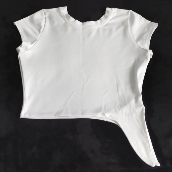 Bombshell Mesh Tee White with Black Logo & Side Tie - Picture 8 of 11